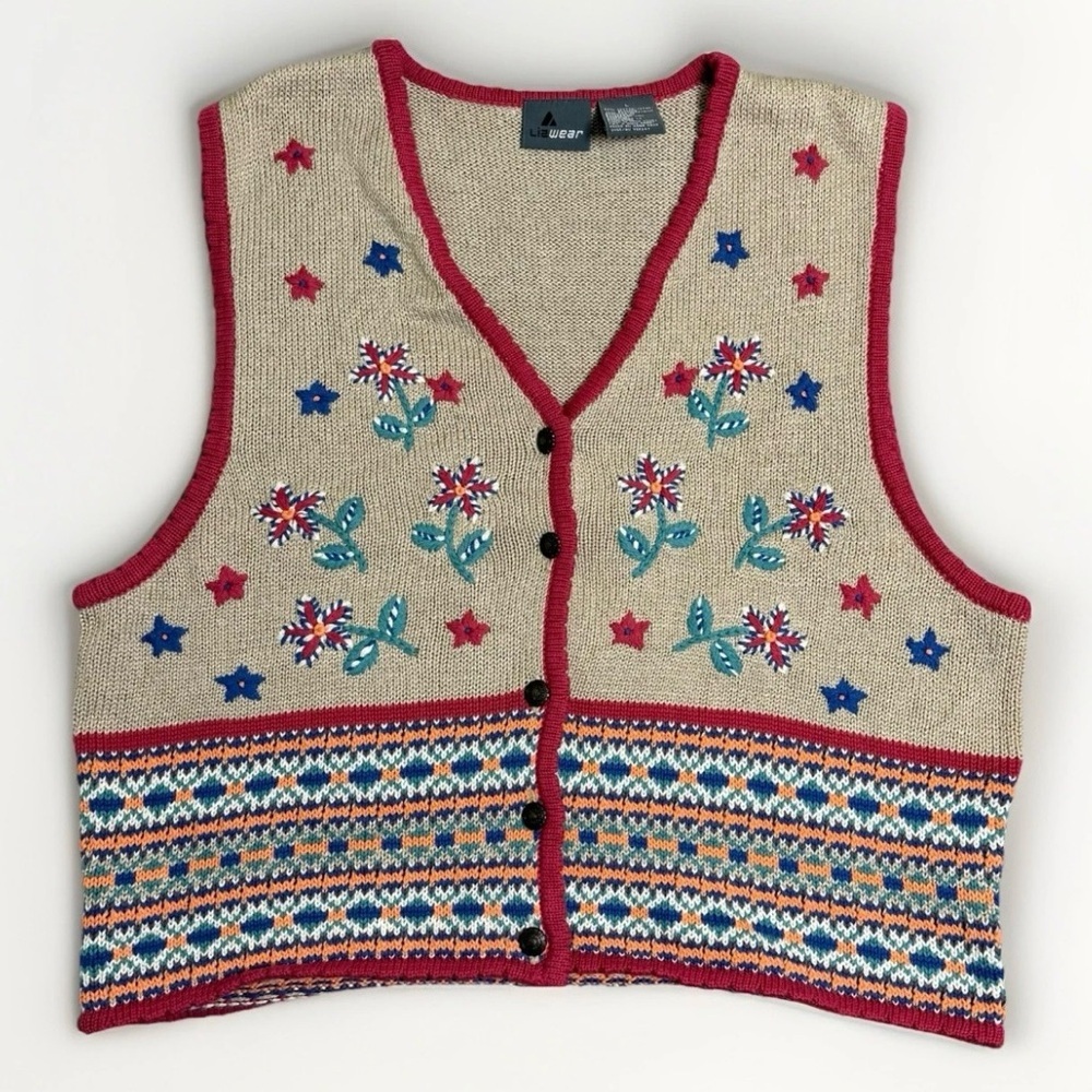 Lizwear Beige Flower Embroidered Button Sweater Vest Large 90s Cottage Boho Y2K